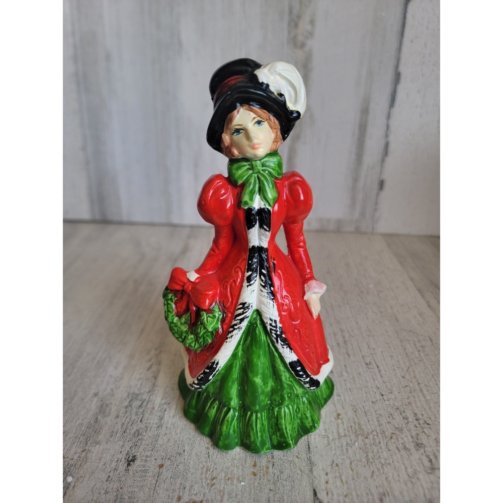 Vintage Victorian ceramic woman Xmas wreath caroler red coat green bow unique